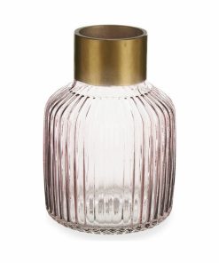 Vaso Gift Decor Rosa Dorato Vetro Righe 14,5 x 22 x 14,5 cm (6 Unità)