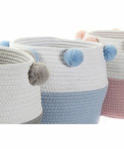 Cestino DKD Home Decor Grigio Blu cielo Rosa chiaro Pompon 30 x 30 x 26 cm Legno (3 Unità) (12 Unità)