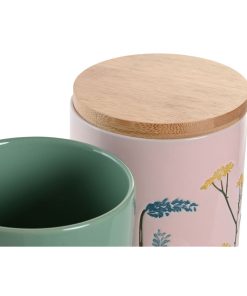Barattolo DKD Home Decor 11,5 x 11,5 x 17,5 cm Floreale Rosa Verde Bambù Gres Shabby Chic (2 Unità)