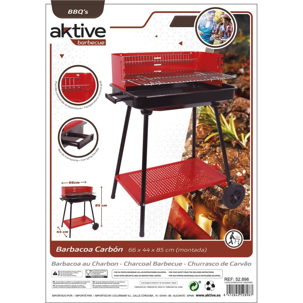 Barbecue a Carboni con Ruote Aktive Acciaio Plastica Metallo smaltato 66 x 85 x 44 cm Rosso