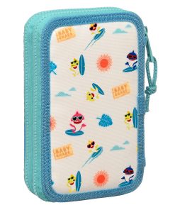 Astuccio Doppio Baby Shark Surfing Azzurro Bianco 12.5 x 19.5 x 4 cm (28 Pezzi)