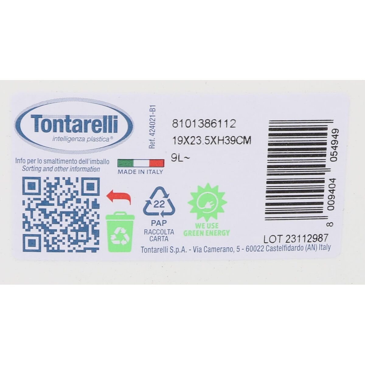 Cestino Tontarelli Aurora Bianco 9L Con coperchio (12 Unità)