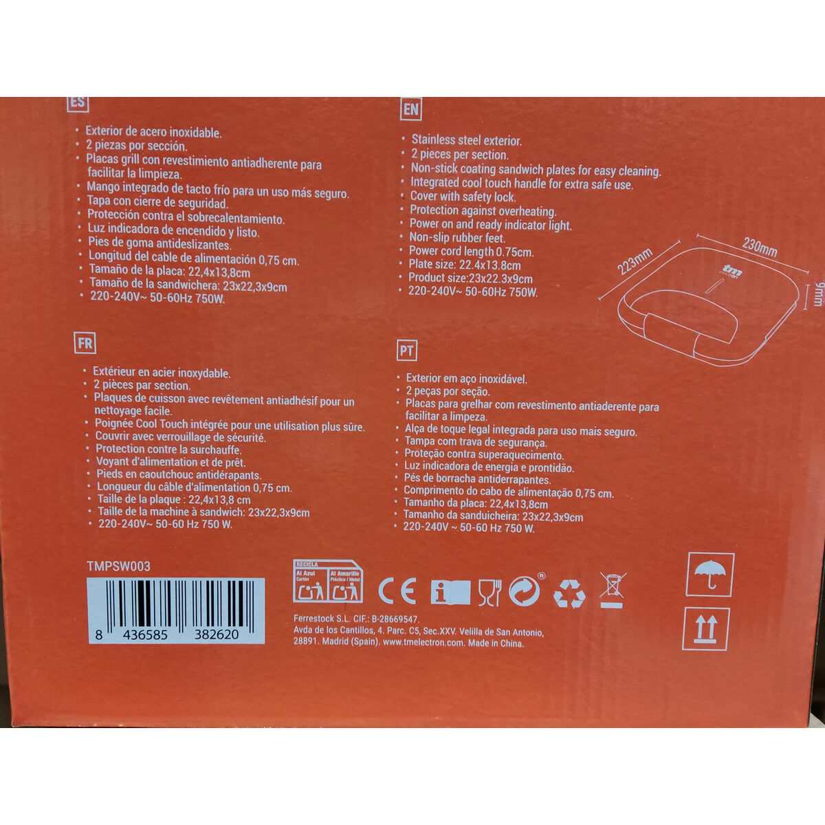 Piastra Grill Elettrica TM Electron Acciaio 750 W Doppia