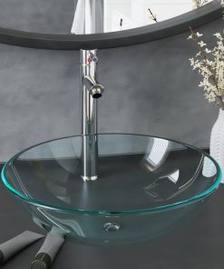vidaXL Waschbecken mit Wasserhahn und Ablaufgarnitur aus gehärtetem