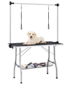 vidaXL Mesa de aseo para perros ajustable con 2 lazos y cesta