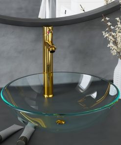 vidaXL Waschbecken mit Wasserhahn und Ablaufgarnitur aus gehärtetem