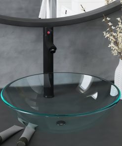vidaXL Waschbecken mit Wasserhahn und Ablaufgarnitur aus gehärtetem