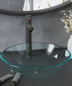 vidaXL Waschbecken mit Wasserhahn und Ablaufgarnitur aus gehärtetem