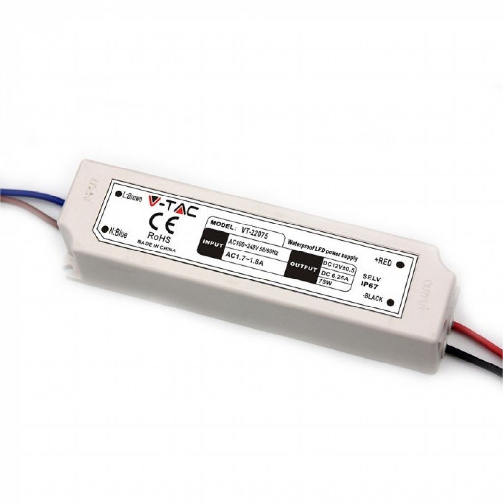 Plastic Power Supply 75w 12v 6a With 1 Output And Soldering Cables White Color 166x43x33mm Ip67