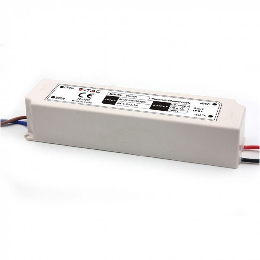Plastic Power Supply 100w 12v 8.5a With 1 Output And Soldering Cables White Color 192x52x37mm Ip65