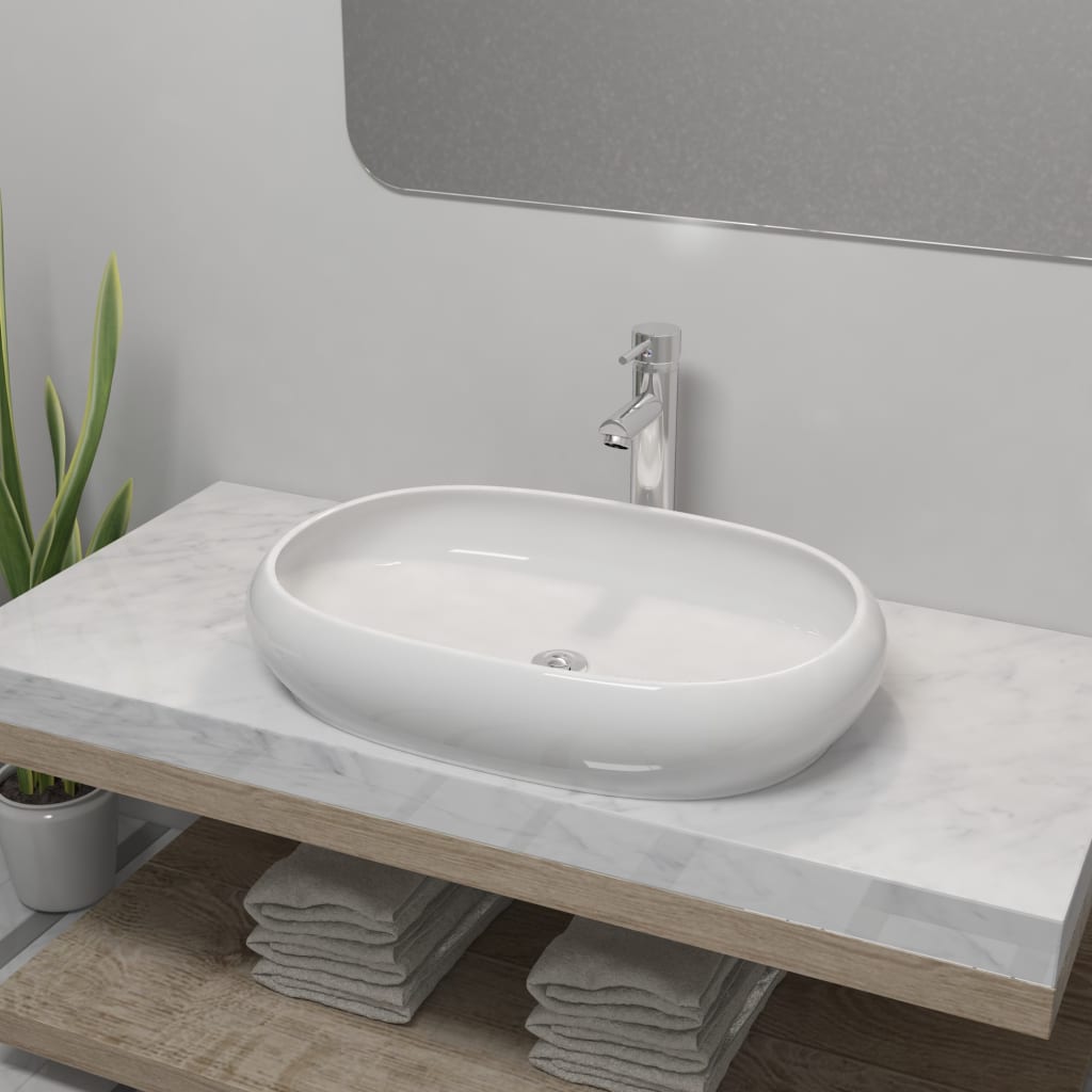 Lavello Bagno Con Miscelatore In Ceramica Ovale Bianco
