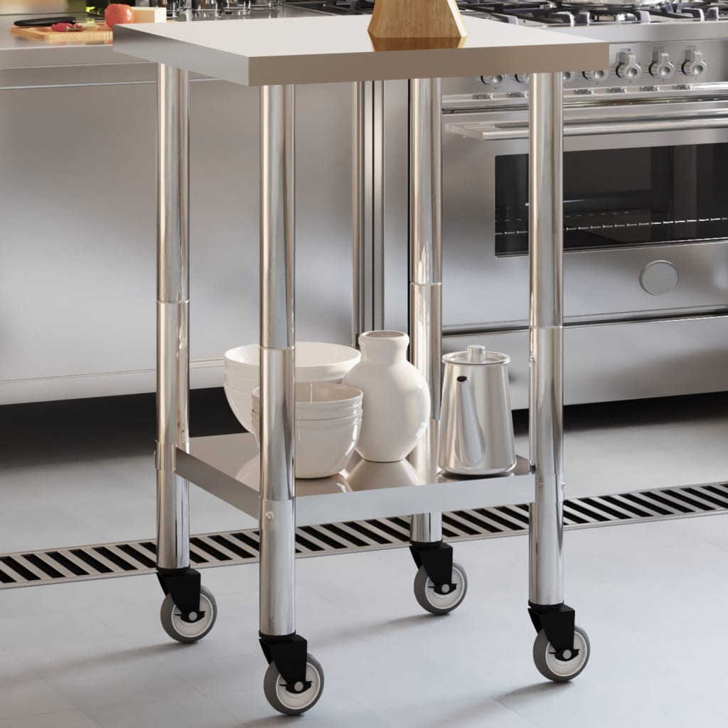 Tavolo Da Lavoro Cucina Con Ruote 55x55x85 Cm In Acciaio Inox