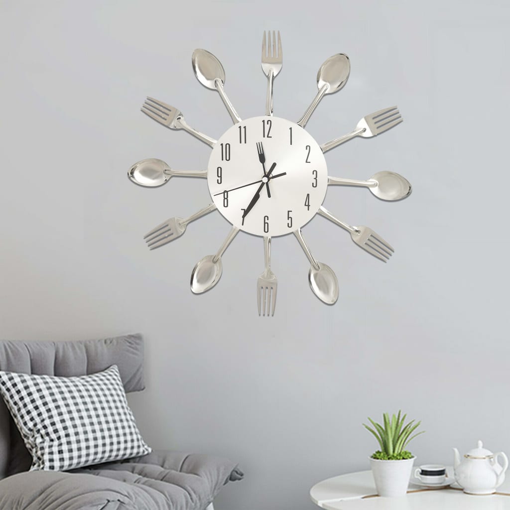 325162 Wall Clock With Spoon And Fork Design Silver 31 Cm Aluminium