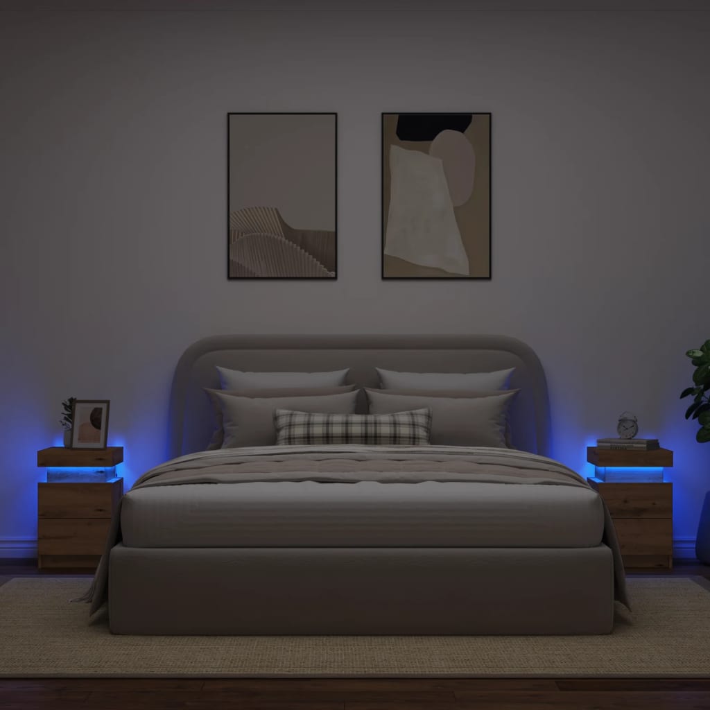 Comodini Con Led 2pz Rovere Artigianale 40x30x40 Cm Truciolato