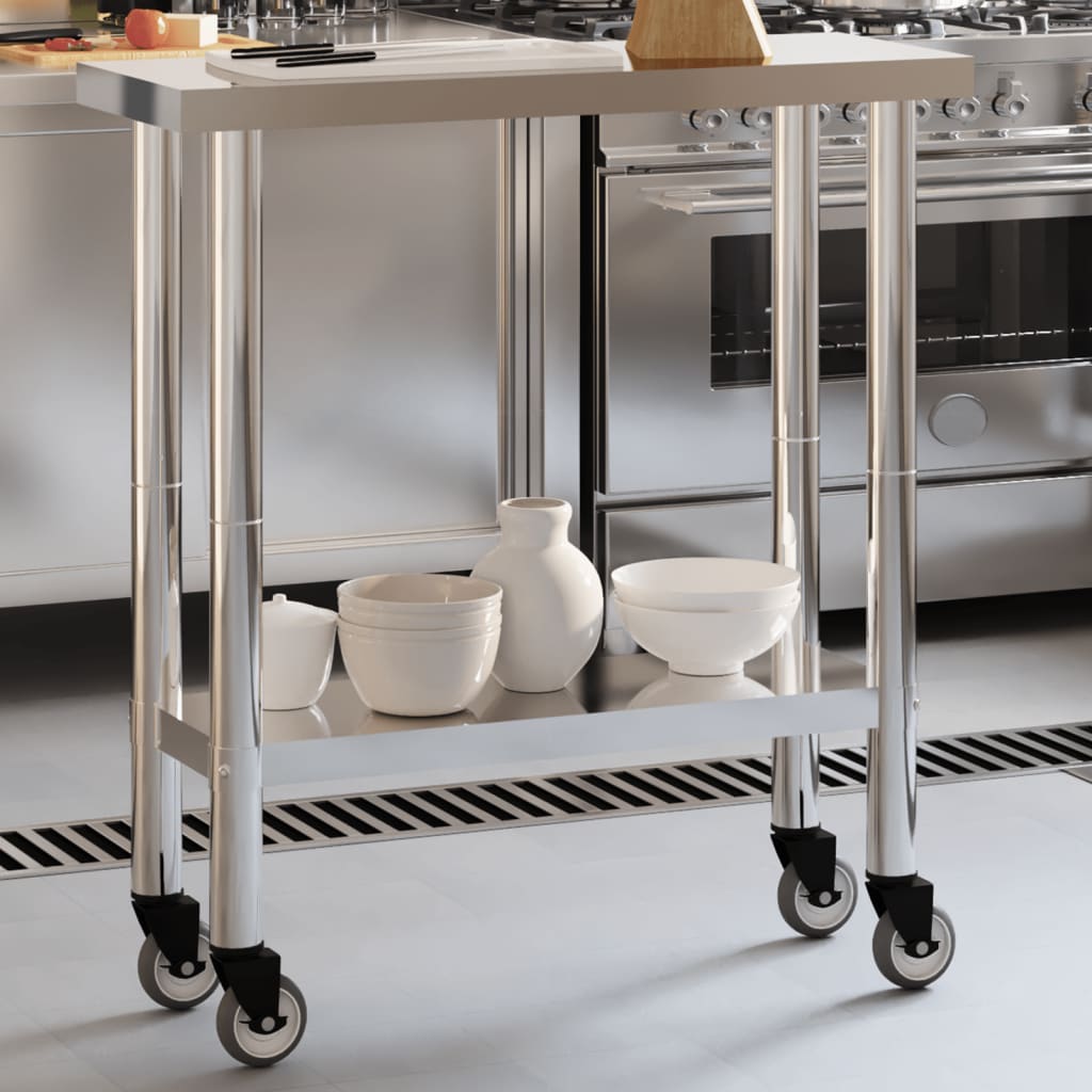 Tavolo Da Lavoro Cucina Con Ruote 82,5x30x85 Cm In Acciaio Inox