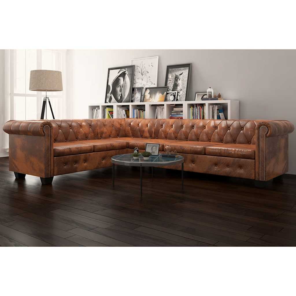Divano Angolare Chesterfield 6 Posti Pelle Artificiale Marrone
