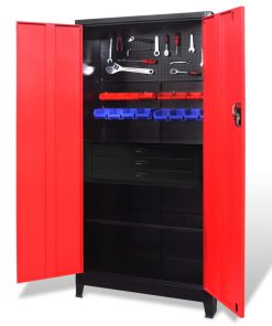 Armadio Portautensili Con Cassetti 90x40x180 Cm Rosso E Nero