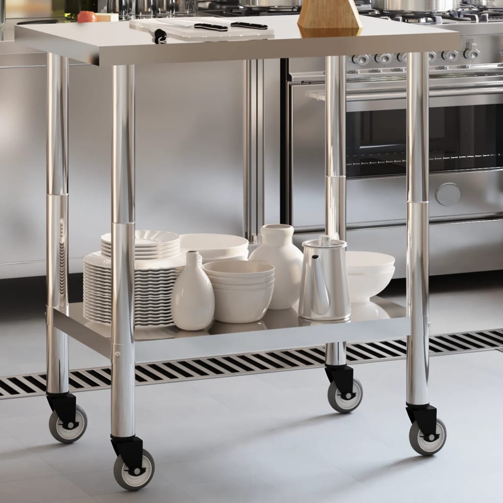 Tavolo Da Lavoro Cucina Con Ruote 82,5x55x85 Cm In Acciaio Inox