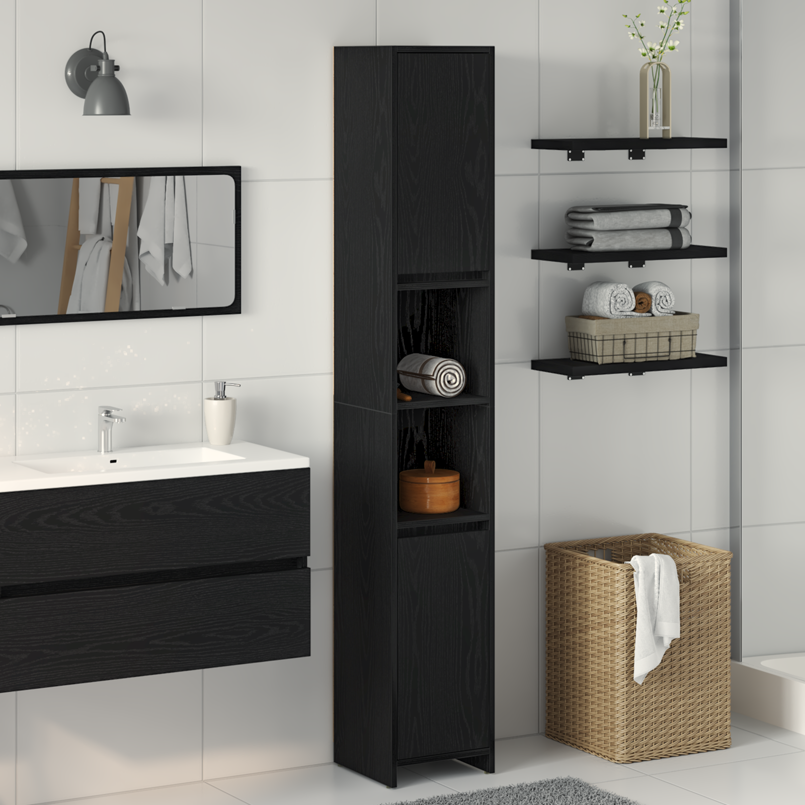 vidaXL Badschrank Schwarz Eiche 30x30x183,5 cm Holzwerkstoff