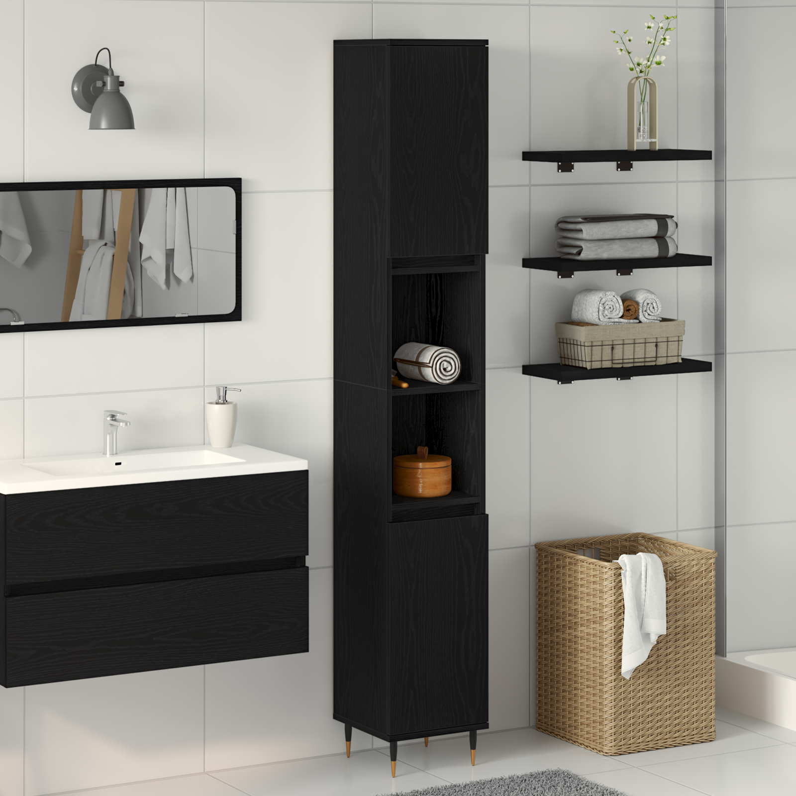 vidaXL Badschrank Schwarz Eiche 30x30x190 cm Holzwerkstoff