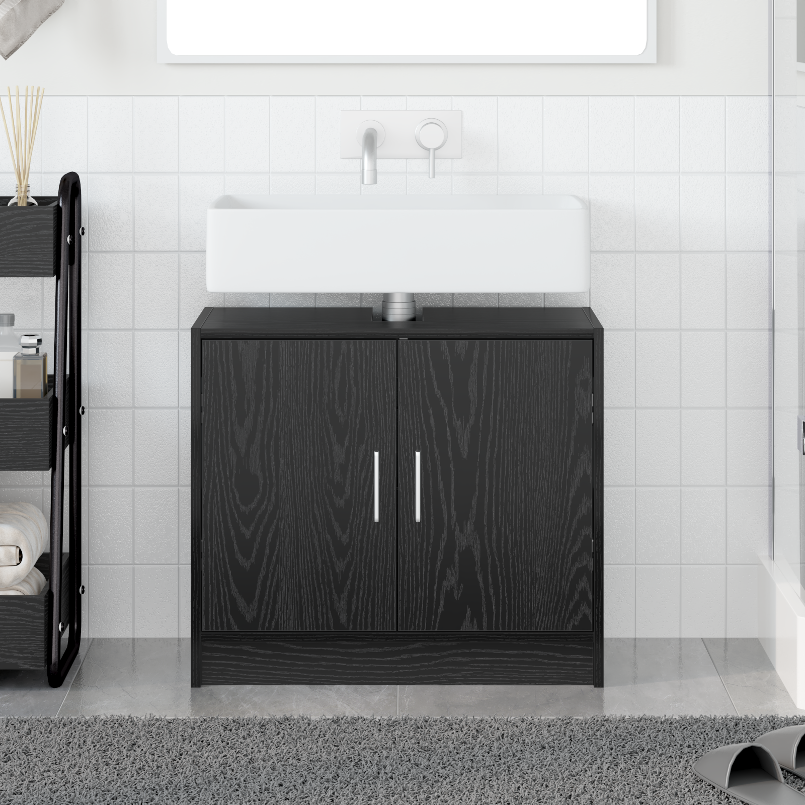 vidaXL Waschschrank schwarzes Eichenholz 63x29x55 cm Holzwerkstoff
