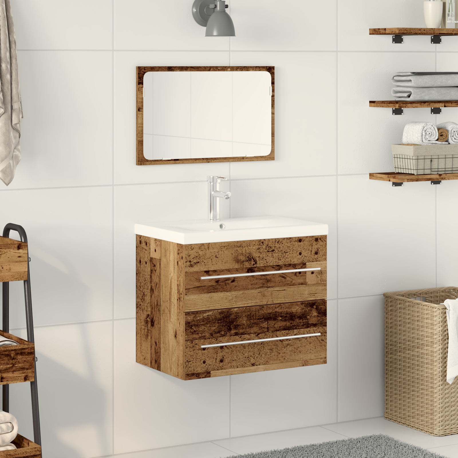 vidaXL Waschbeckenschrank mit Einbaubecken Altholz Holzwerkstoff