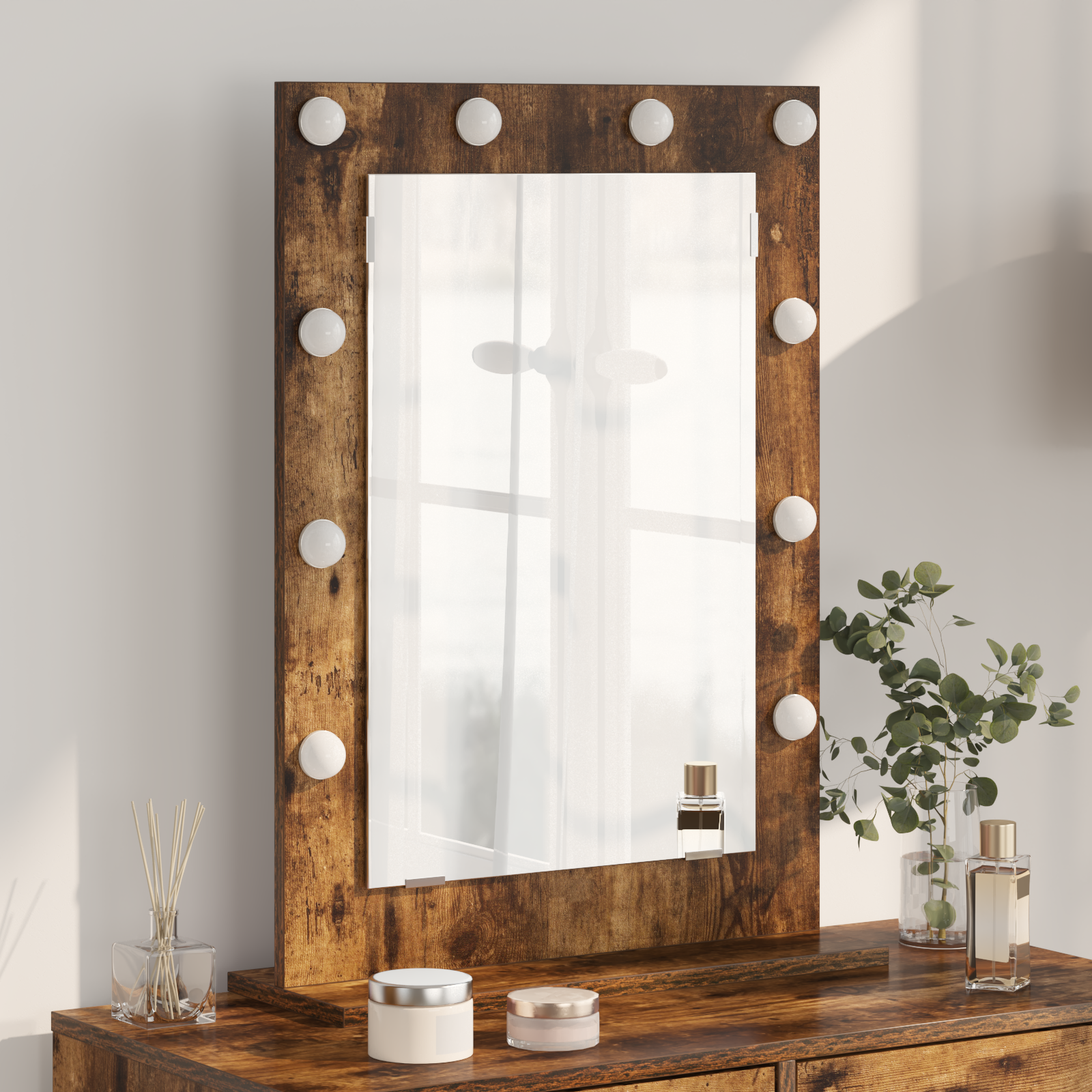 vidaXL Waschspiegel Geräucherte Eiche Holz, Glas 70 x 50 x 18 cm Spiegel