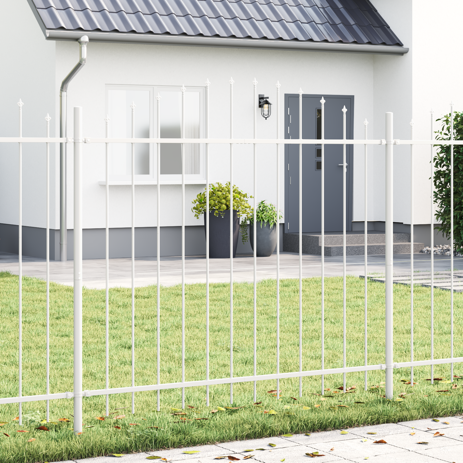 vidaXL Weißer Gartenzaun mit Bogenoberteil, 3,4m x 1,25m – aus Stahl gefertigt.