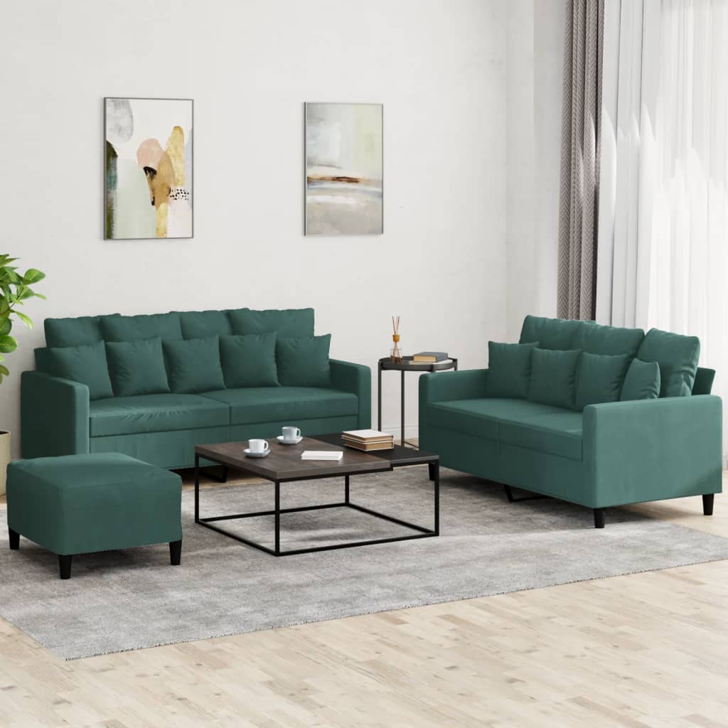 Set Di Divani 3 Pz Con Cuscini Verde Scuro In Velluto