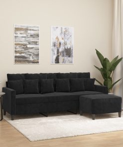 Divano A 3 Posti Con Poggiapiedi Nero 180 Cm In Velluto