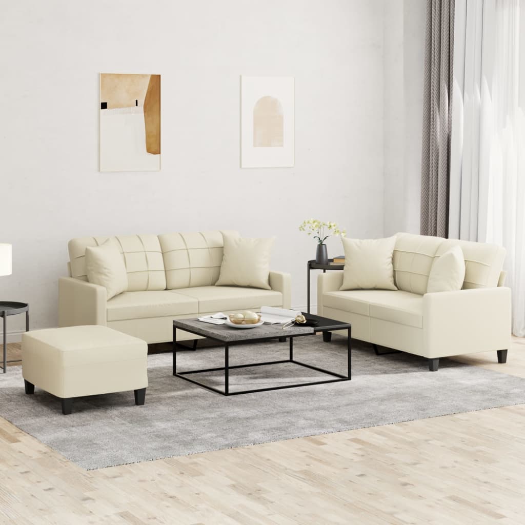 Set Di Divani 3 Pz Con Cuscini Crema In Similpelle