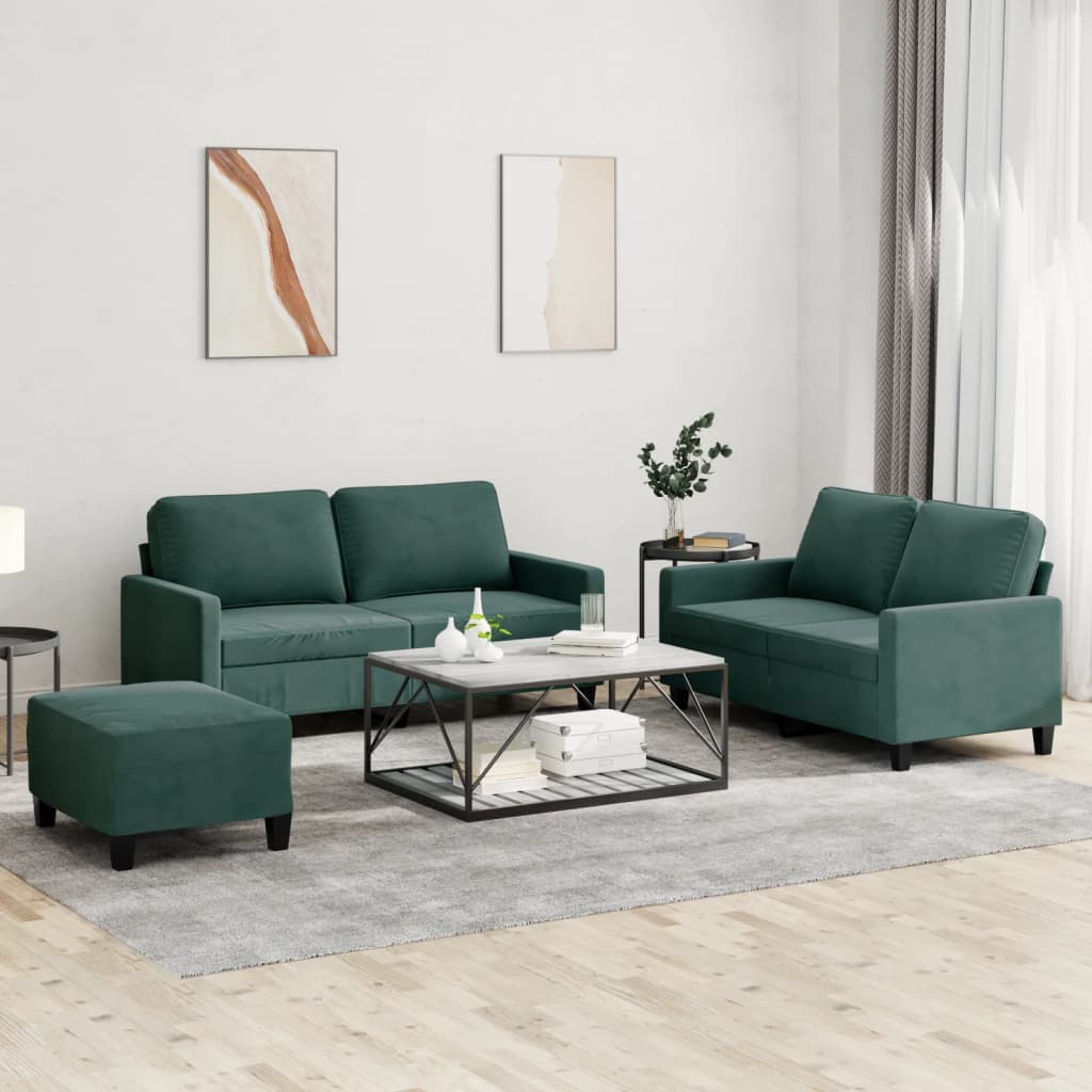 Set Di Divani 3 Pz Con Cuscini Verde Scuro In Velluto