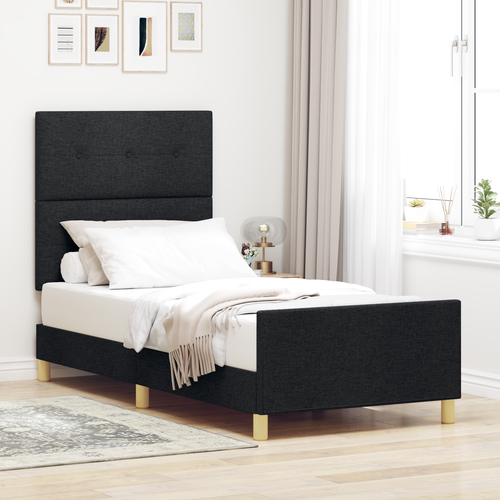Letto Nero 100x200 Cm In Tessuto