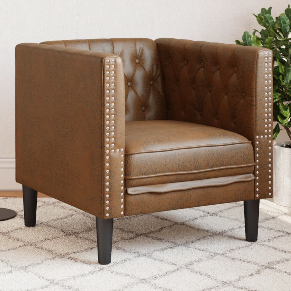 Poltrona Chesterfield Marrone In Similpelle Scamosciata