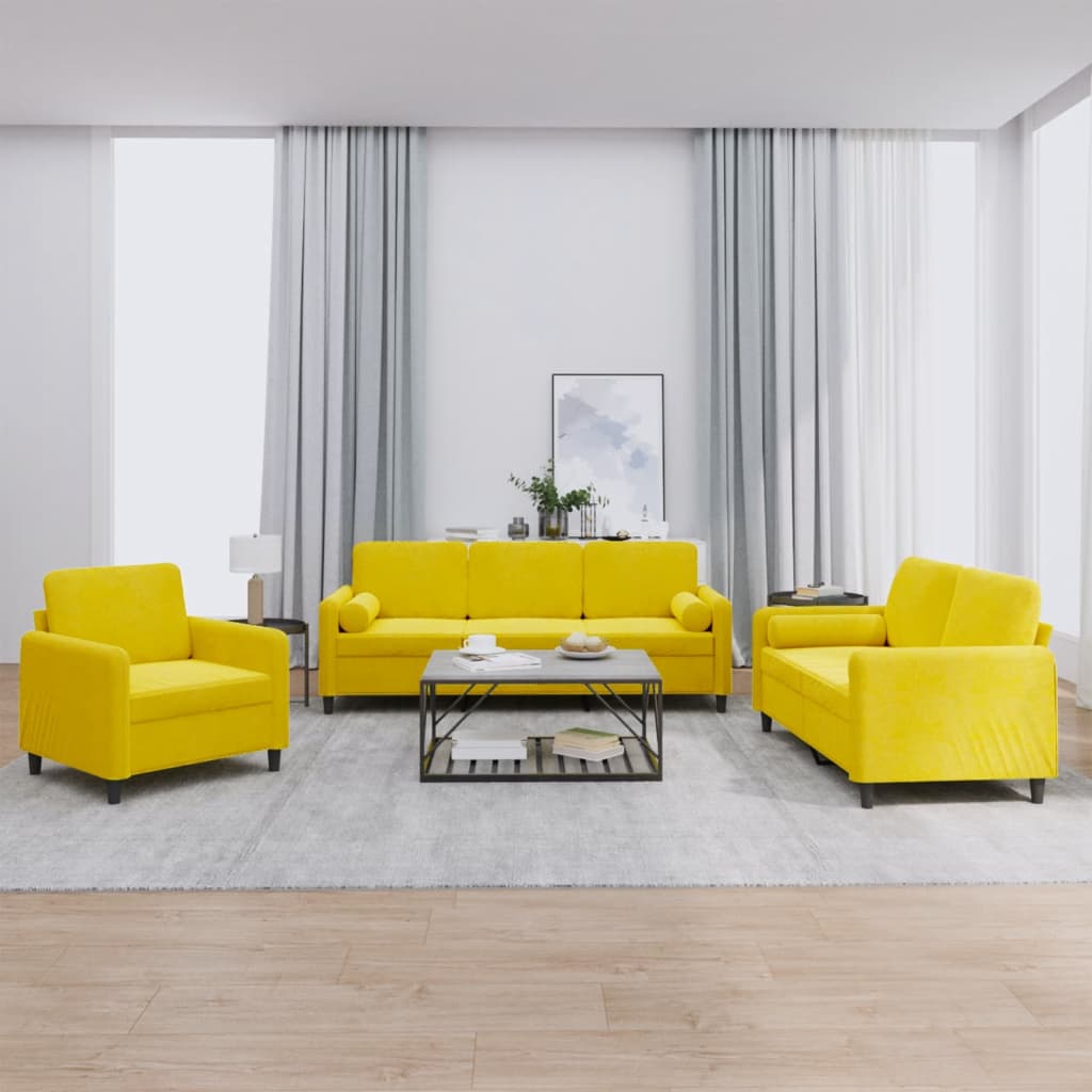 Set Di Divani 3 Pz Con Cuscini Giallo In Velluto