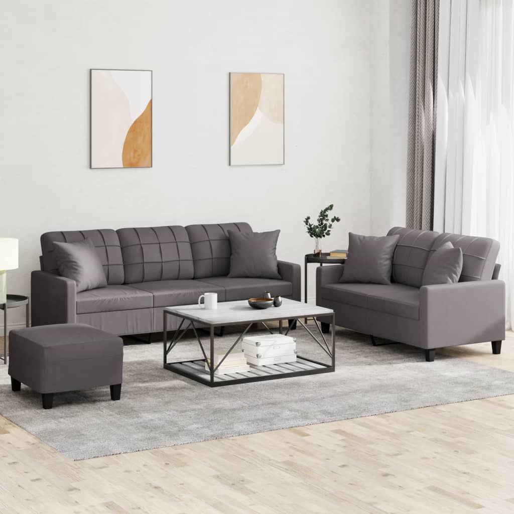 Set Di Divani 3 Pz Con Cuscini Grigio In Similpelle