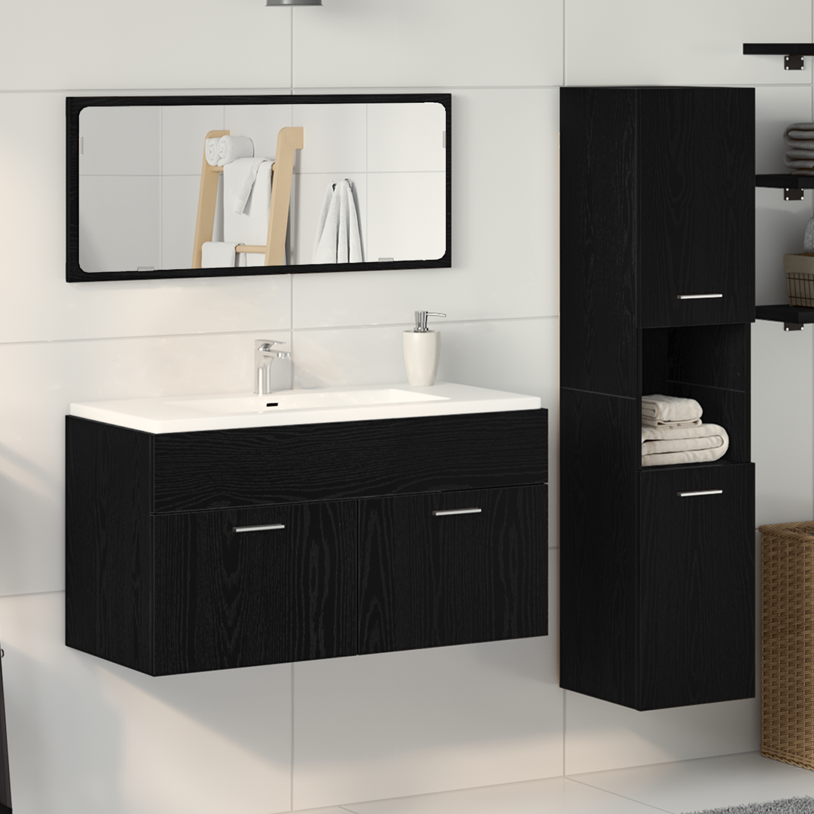 Set Di Mobili Per Il Bagno 3 Pcs Rovere Nero Legno Multistrato