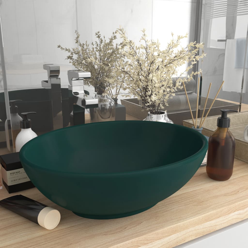 Lavandino Lusso Ovale Verde Scuro Opaco 40x33 Cm In Ceramica