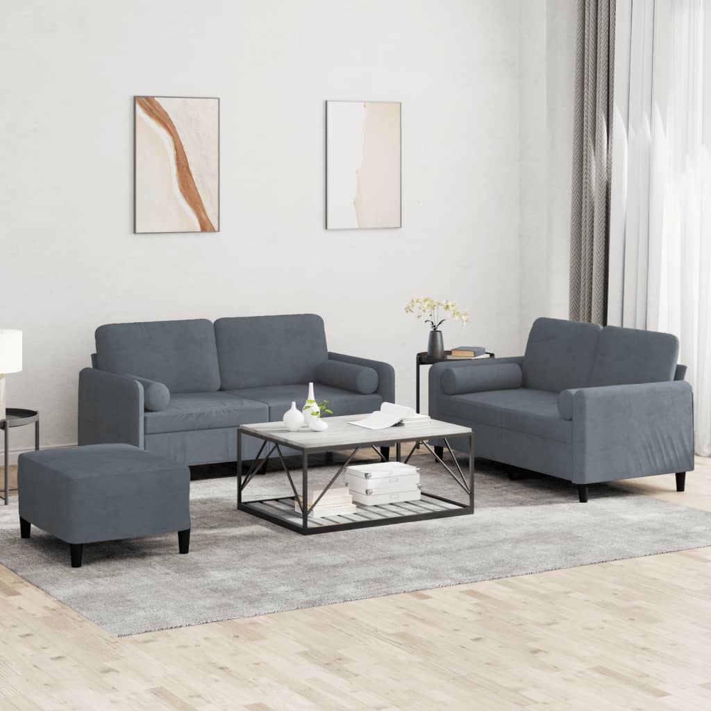 Set Di Divani 3 Pz Con Cuscini Grigio Scuro In Velluto