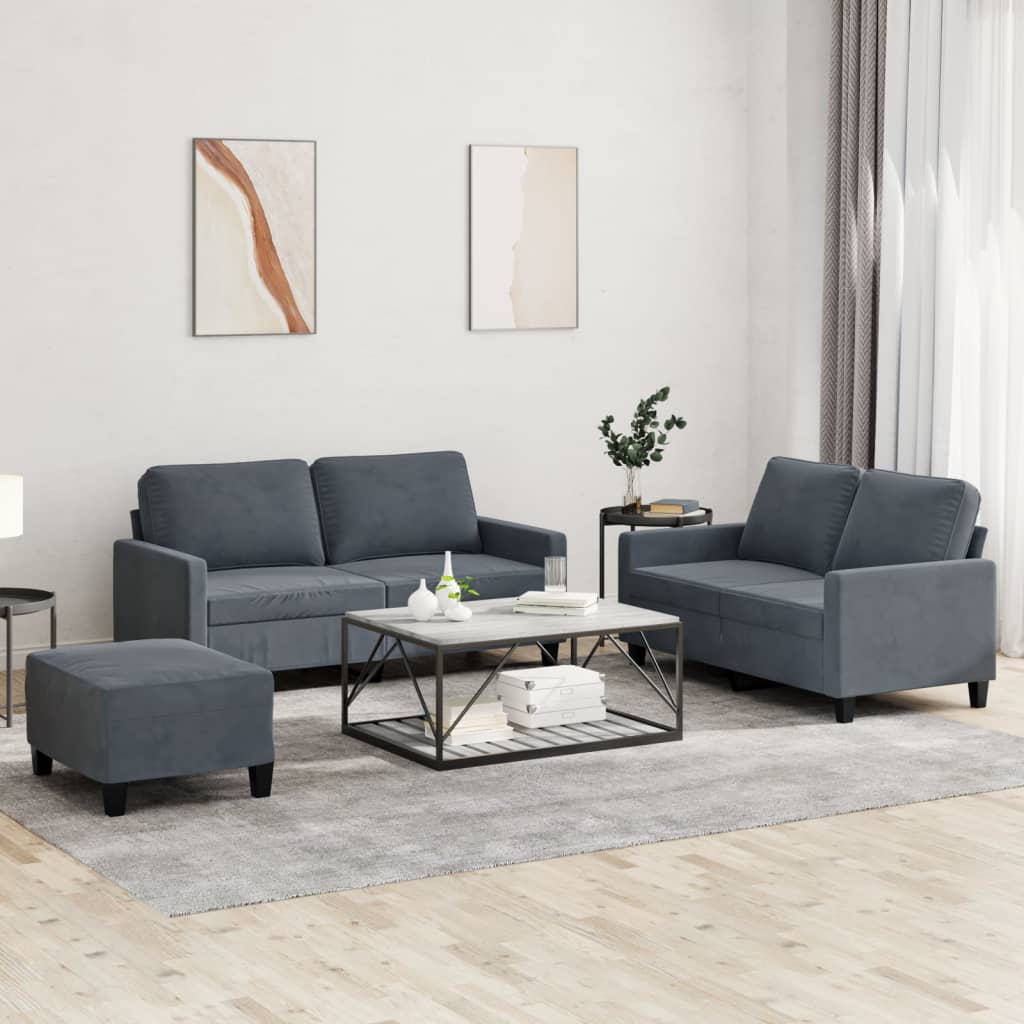 Set Di Divani 3 Pz Con Cuscini Grigio Scuro In Velluto