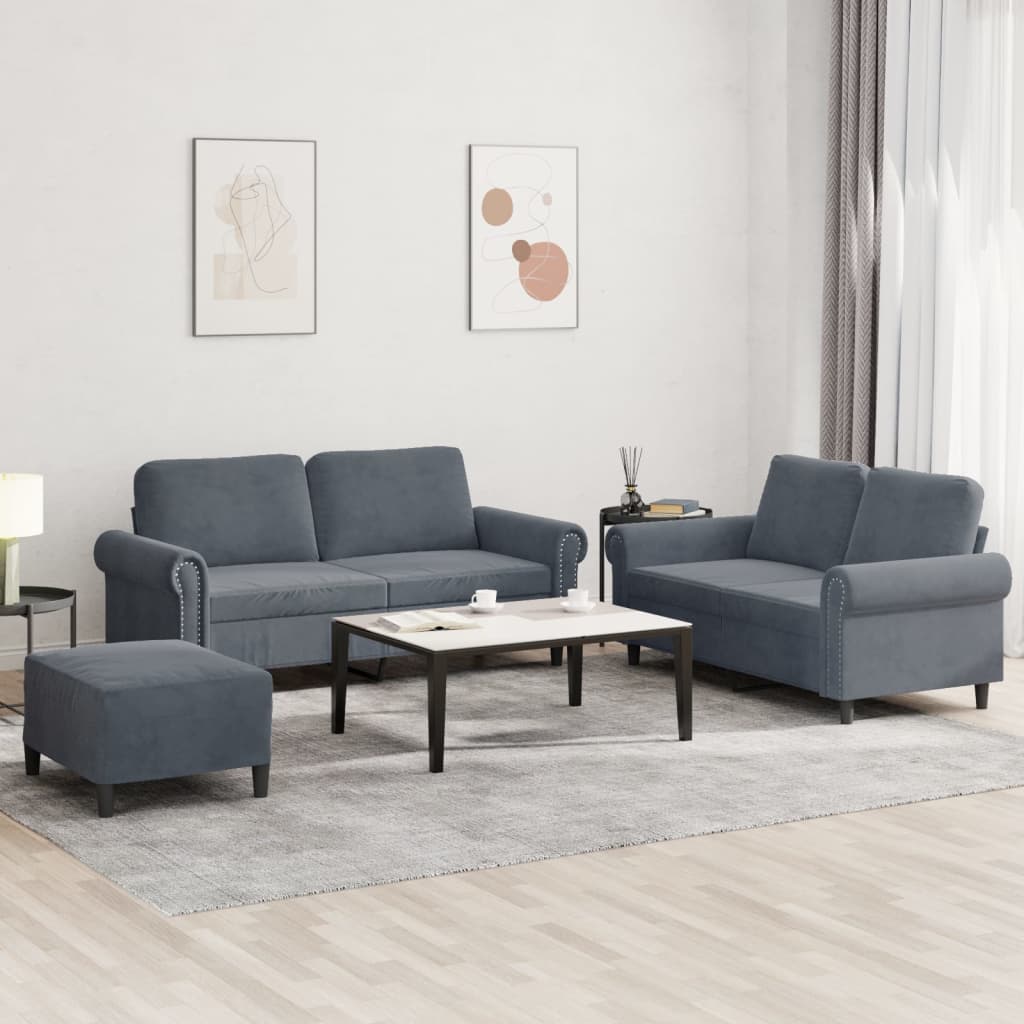 Set Di Divani 3 Pz Con Cuscini Grigio Scuro In Velluto