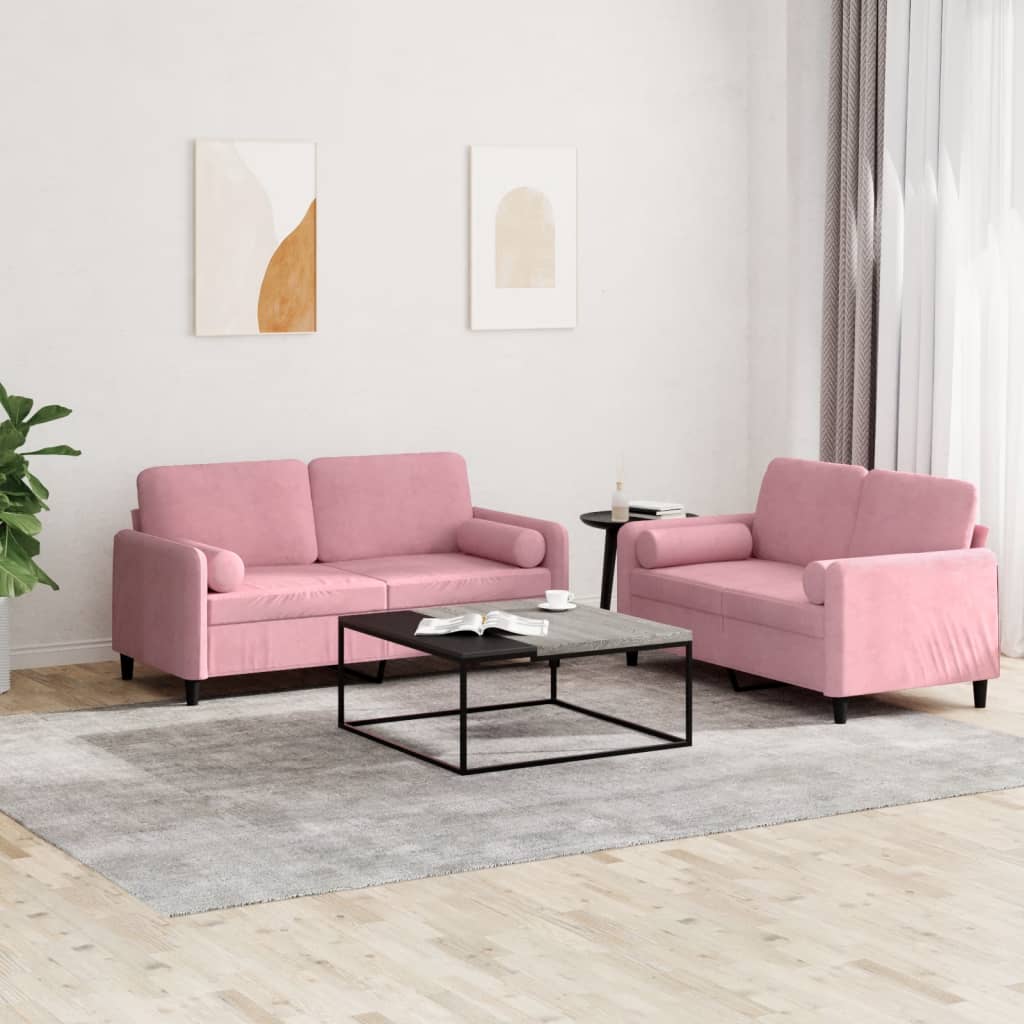Set Di Divani 2 Pz Con Cuscini Rosa In Velluto