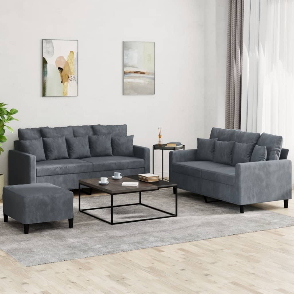 Set Di Divani 3 Pz Con Cuscini Grigio Scuro In Velluto