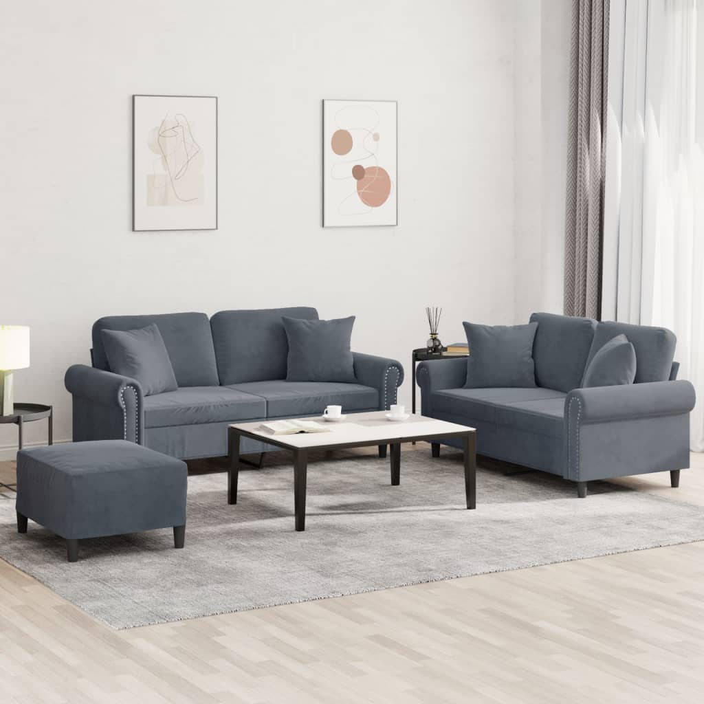 Set Di Divani 3 Pz Con Cuscini Grigio Scuro In Velluto