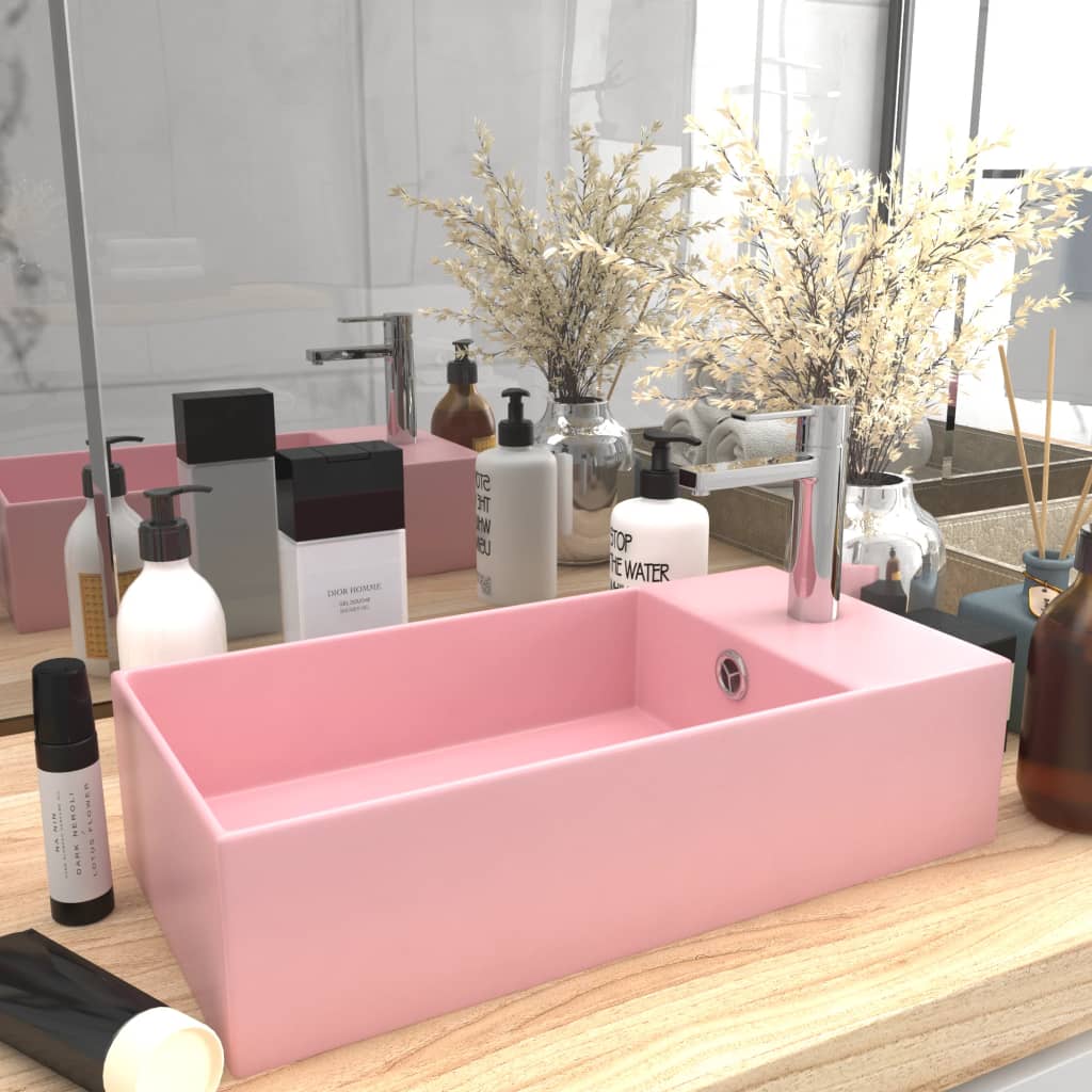 Lavandino Con Troppopieno In Ceramica Rosa Opaco