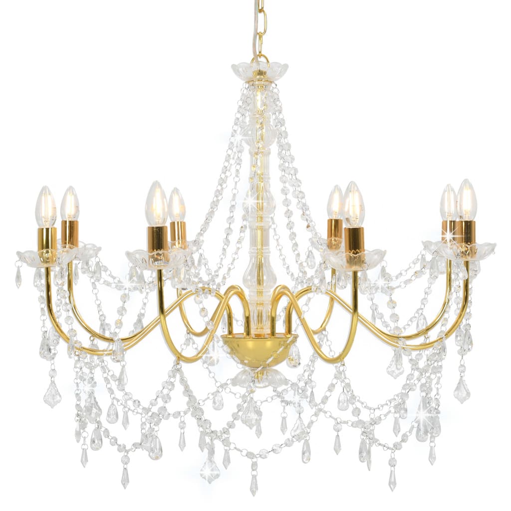 Lampadario Con Perline Dorato 8 Lampadine E14