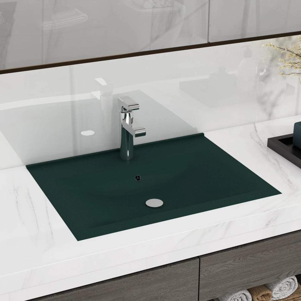 Lavabo Con Foro Rubinetto Verde Scuro Opaco 60x46cm In Ceramica