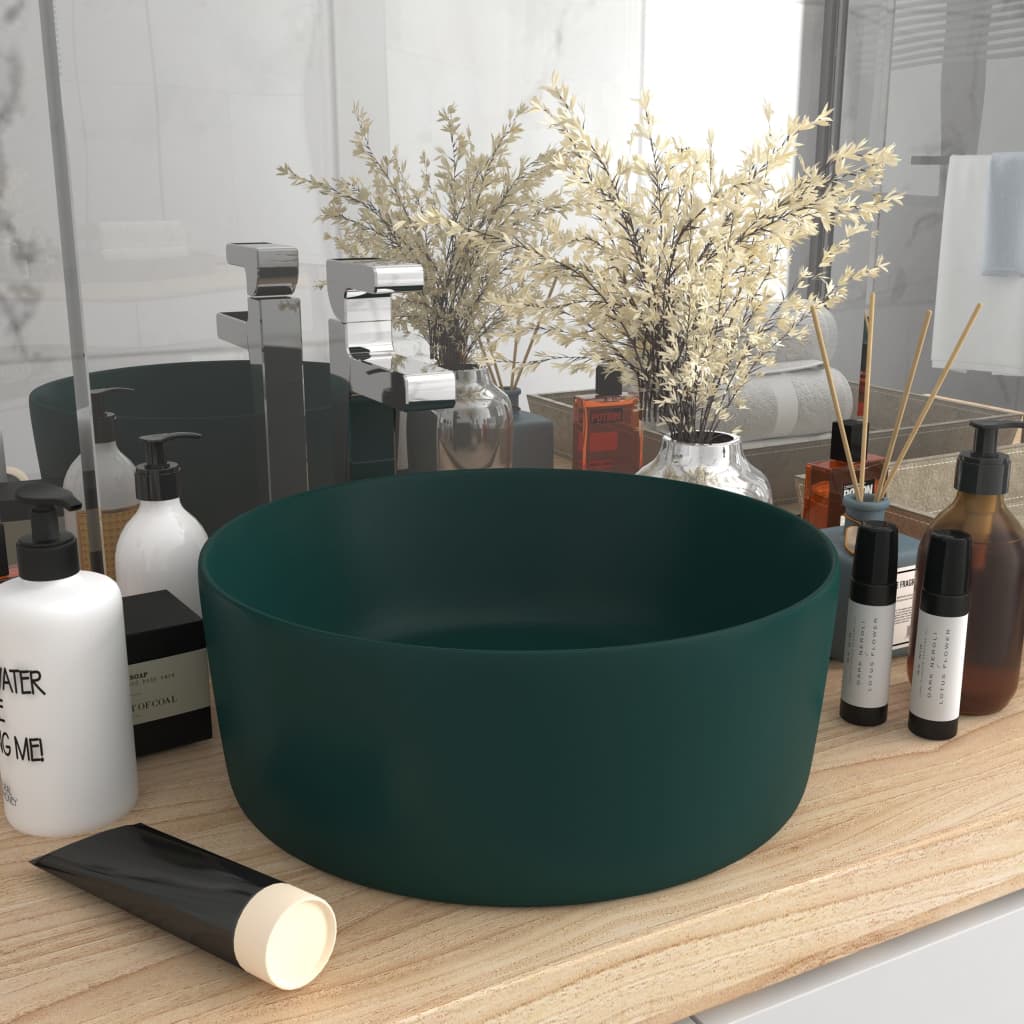Lavandino Lusso Rotondo Verde Scuro Opaco 40x15 Cm In Ceramica