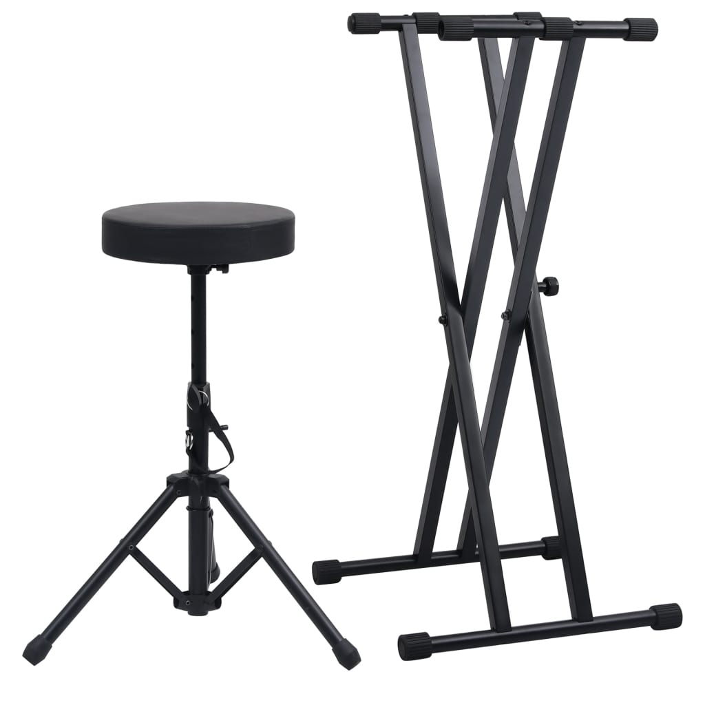 vidaXL Set de soporte para teclado con doble refuerzo y taburete negro