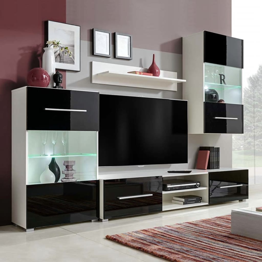 vidaXL Vitrina de pared de TV iluminación LED 4 pzas negro alto brillo